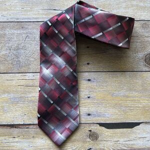 Pierre Cardin Mens Geometric Plaid‎ Tie Burgundy Grey Black Tie Chain Accessory